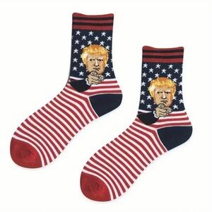 Men's Novelty Cartoon Pattern Trump Crew Socks, NEW, Red, White & Blue
